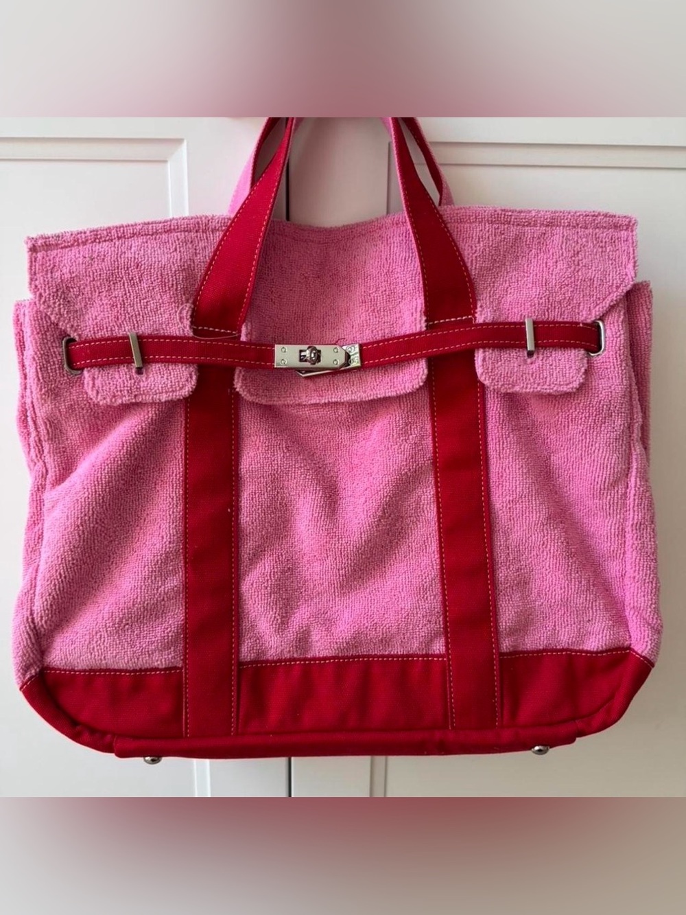 Sunwin Women's Pink Madaket Terry And Cotton Canvas large Tote Handbag 🩷🍓🌸